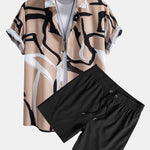 Abstract Print Button Up Shirt & Solid Drawstring Swim Shorts