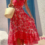 Summer in Greece Boho Print Ruffle Sleeve Elastic Waist High-low Midi Dress