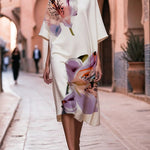 Loose Short Sleeves Asymmetric Floral Printed Split-Joint Round-Neck Midi Dresses
