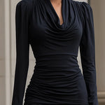 Draped Cowl Neck Ruched Bodycon Midi Dress