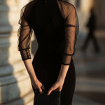 Sheer-Sleeve High-Neck Cocktail Dress