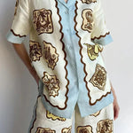 Lakeside Breeze Linen Blend Unique Print Short Sleeve Button Oversized Blouse