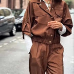 Street Charm Glossy Fabric Button Pocket Cargo Jacket and Elastic Waist Jogger Pants Set