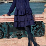 Flared Sleeves Long Sleeves Buttoned Elasticity Layered Solid Color V-Neck Mini Dresses