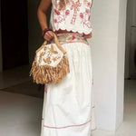 Sunny Day Linen Blend Contrast Embroidered Print Smocked Waist A-line Maxi Skirt