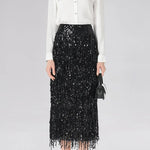 Evening Charm Layered Sequined Tassels High Rise Back Zipper Slit Midi Skirt