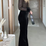Margovil Feather Cuffs Bell Bottom Velvet Splice Jumpsuit