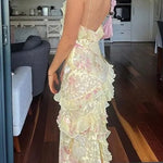 Margovil Spaghetti Strap Backless Ruffle Trim Printed Maxi Dress