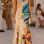 One Shoulder Sleeveless Floral Print Ruffle Hem Maxi Dress