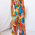 Spaghetti Strap Tie Knot Front Wide Leg Printed Jumpsuit