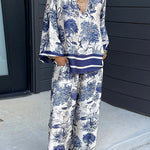 Margovil Lapel V Neck Long Sleeves Shirt Wide Leg Pants Printed Casual Set