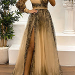 Margovil One Shoulder Long Sleeve High Waist Printed Mesh Slit Maxi Dress
