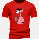 Regular Fit Pink Panther Drinking Coffee Print Cotton T-Shirt