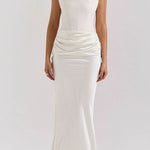 Margovil Strapless Ruched Satin Splice Bodycon Maxi Dress