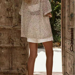 Crewneck Half Sleeves Crochet Hollow Out Sequin Top