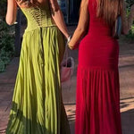 Margovil Halter Neck Back Lace-up Pleated Maxi Dress