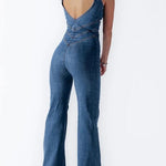 Margovil Zip Up Sleeveless Heart Back Bell Bottom Denim Jumpsuit