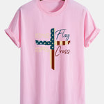 Regular Fit Retro American Flag Cross Print Cotton T-Shirt