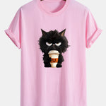 Regular Fit Black Cat Drinking Coffee Print Cotton T-Shirt