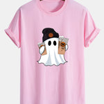 Regular Fit Halloween Ghost Coffee Print Cotton T-Shirt