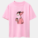 Pink Panther Drinking Coffee Print Drop Shoulder Oversize T-Shirt