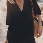 Margovil V Neck Tie Knot Cotton Linen Wrap Mini Dress