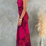One Shoulder Floral Print Mesh Bodycon Maxi Dress