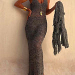 V Neck Hollow Out Sleeveless Maxi Sweater Dress