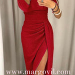 Margovil Off Shoulder High Slit Ruched Glitter Dress