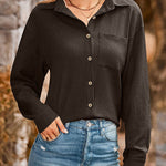 Loose Pocket Lapel Button Textured Blouse