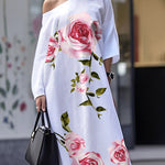 Loose Three-Quarter Sleeves Asymmetric Flower Print Pockets One-Shoulder Maxi Dresses