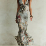 Vintage Floral Print Halter Neck Fishtail Chiffon Maxi Dress