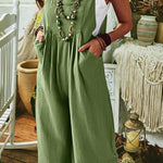 Solid Color Sleeveless Pocket Casual Wide Leg Side Button Jumpsuit