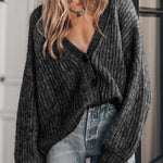 Gray Drop Shoulder Puff Sleeve Buttoned V Neck Cardigan