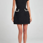 Exquisite and Playful Tweed Fabric Pearl Trim Short Sleeve Pocketed Mini Dress