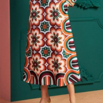 Long Sleeves Contrast Color Flower Print Round-Neck Midi Dresses