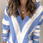 V Neck Stripe Color Block Loose Oversized Pullover Sweater