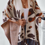 Fashionable Leopard Print Contrast Tassel Hem Loose Knitted Shawl