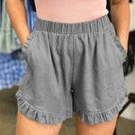 Elastic Waist Wide Leg Ruffle Cotton Linen Shorts