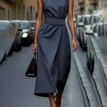 High Waisted Loose Pleated Solid Color Round-Neck Midi Dresses