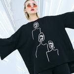 Embroidered Black&White Loose Round-Neck T-Shirt