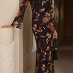 Round Neck Long Sleeves Floral Print Maxi Dress