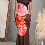 Asymmetric Shoulder Floral Print Slit Maxi Dress