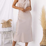 High Neck Sleeveless Waisted Satin Midi Dress