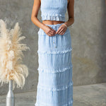Margovil Frill Trim Halter Backless Crop Top and Drawstring Waist Maxi Skirt Set