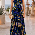 Sweetheart Neck Aztec Print Pleated Maxi Dress