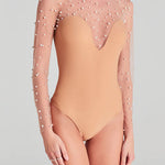 Long Sleeves Sheer Mesh Pearl Bodysuit