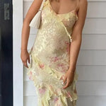 Margovil Spaghetti Strap Backless Ruffle Trim Printed Maxi Dress