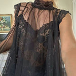 Solid Mockneck Tulle Cover Up Top with Crop Lace Camisole
