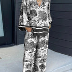Margovil Lapel V Neck Long Sleeves Shirt Wide Leg Pants Printed Casual Set